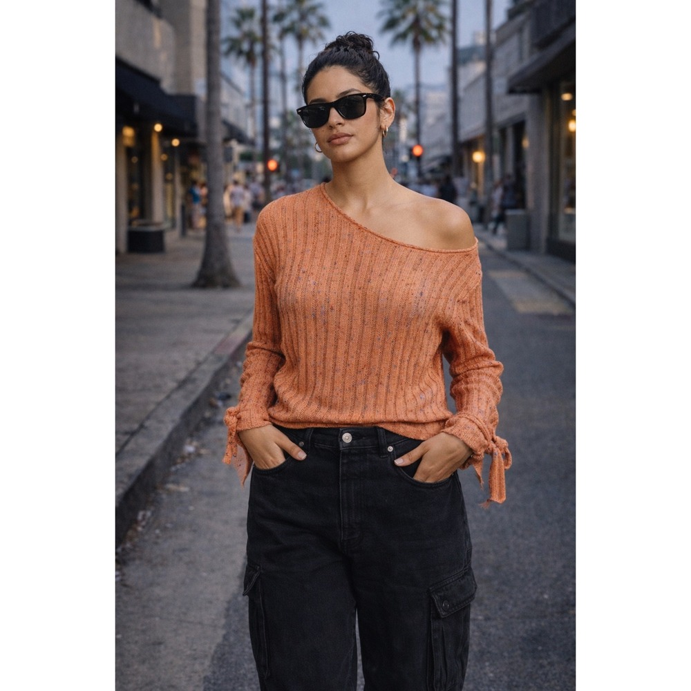 Silence & Noise oiERIKA KNIT SWEATER ORANGE RIBBED TIE SLEEVE size L